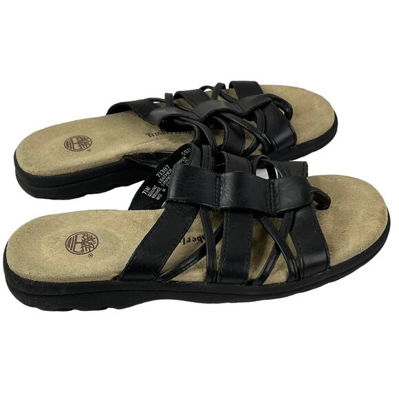 Timberland Womens Slides Sandals Black Leather Soft Footbed Strappy Flat 7.5 - Picture 2 of 7